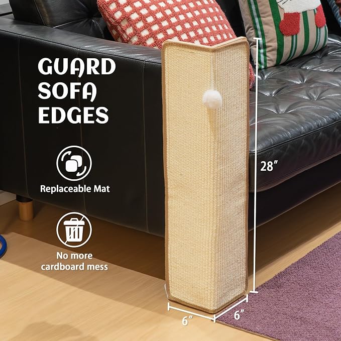 PETKARAY 27.9'' Cat Scratching Post for Couch Corner, Furniture Protector | Under-Furniture Cat Scratcher, Natural Sisal Scratch Pad, Anti Scratch Couch Protector for Indoor Cats with Toy Ball