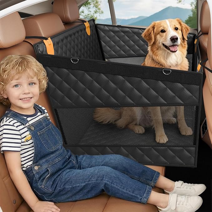 PETICON Large Dog Car Seat, Back Seat Extender for Dogs with Hard Bottom | Waterproof Medium Carseat for Dogs with 3 Mesh Windows, Pet Seat Cover for Cars, Trucks and SUVs
