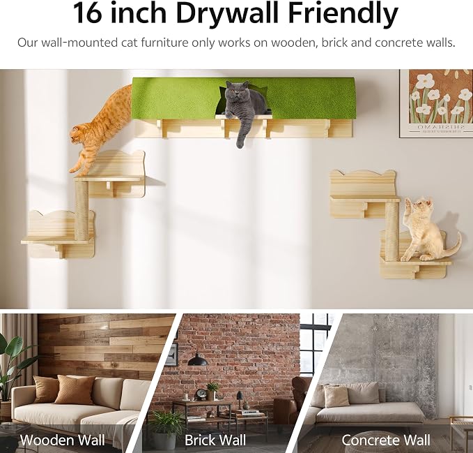 7-in-1 Cat Shelves for Wall, Cat Wall Furniture Set with Tunnel | Multi-Level Floating Cat Shelves for Space Saving, Solid Wood Cat Climbing System with Scratching Posts, Burlywood