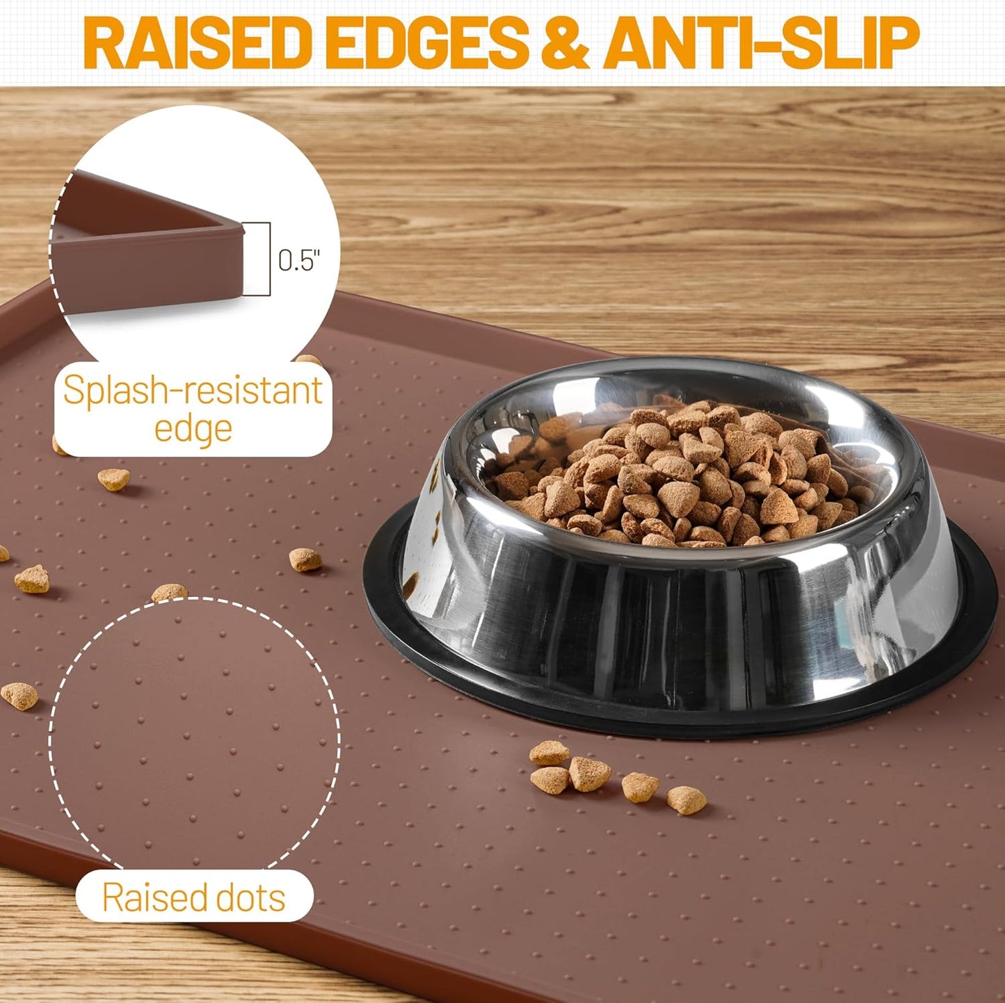 Hubulk Dog Feeding Mat,100% Waterproof Food Grade Silicone Pet Food and Water Bowl Placemat,Dishwasher, High Raised Edge to Prevent Spills,Nonslip Tray to Stop Messes on Floor（19"x12"x0.5", Brown）