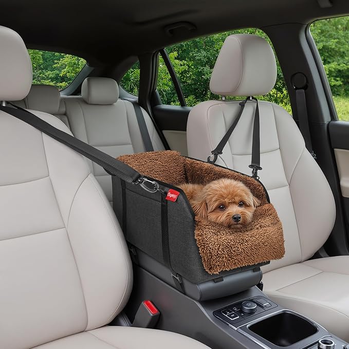 BurgeonNest Center Console Dog Car Seat for Small Pets to 11lbs, Brown | Anti-collapse armrest Console seat with washable fluffy cushion, pillow & tether for stable, cozy pet travel trips.