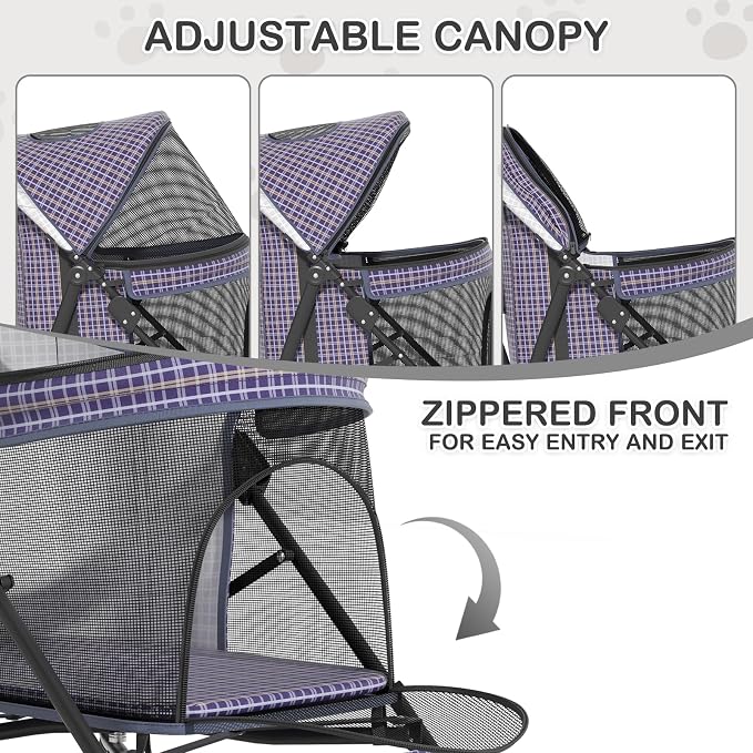 MoNiBloom 4 Wheels Pet Stroller, Easy-Fold Umbrella Shaped Dog Cat Jogger Stroller w/Storage Bag & Visible Mesh for Small/Medium Dogs Cats Plaid