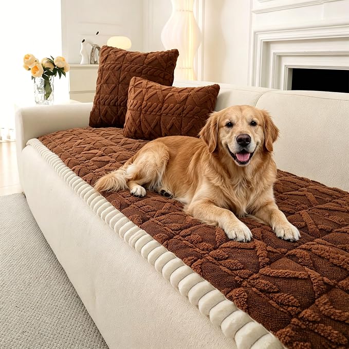 OTOB Sofa Covers for 3 Cushion Couch Washable, All Seasons Non Slip Fuzzy Pet Couch Cover, Soft Plush Geometric Jacquard Sofa Slipcovers, Kids Pet Friendly Dog Bed Mats (Dark Coffee, 27.6" x 70.9")