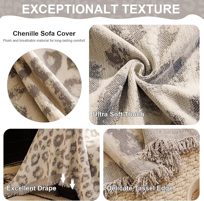 VClife Boho Couch Covers Vintage Leopard Sofa Covers for Sectional Couches, Washable Chenille Couch Cover for 3 Cushion Couch Sofa, Multi-Functional Living Room Furniture Protector for Sofa Bed, Gray