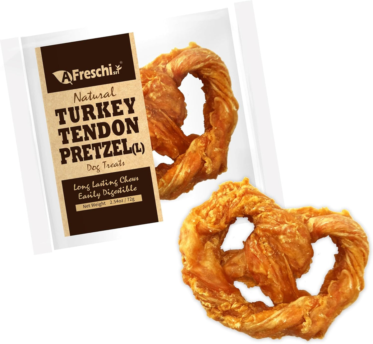 AFreschi Turkey Tendons for Dogs, USA-Sourced, Healthy Dog Treats, Rawhide-Free Puppy Chews, Long Lasting, All Natural, Hypoallergenic Dog Treats for Large Breeds, 1 Count Pack Pretzel (L)