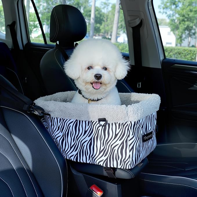 BurgeonNest Center Console Dog Car Seat for Small Dogs up to 9 lbs Cute Zebra Print