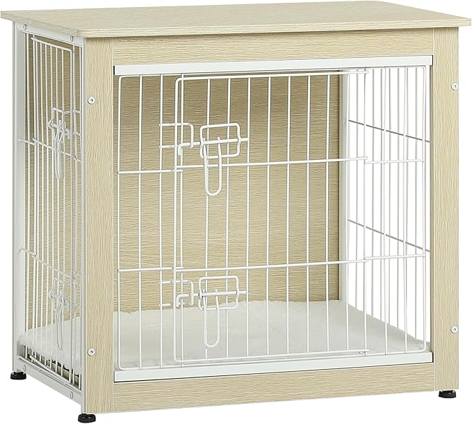 DWANTON Dog Crate Furniture with Cushion, Wooden Kennel Table with Double Doors, Indoor Dog House, Small/Medium/Large Size, 27.2" L, White Oak