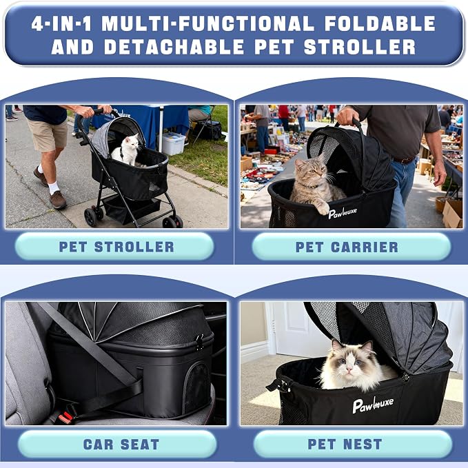 4 Wheels Pet Stroller 4 in 1 Pet Stroller with Detachable Carrier for Small & Medium Dogs Cats up to 55 lbs Easy-Folding Travel Dog Wagon with Car Seat Breathable Mesh,White Cartoon