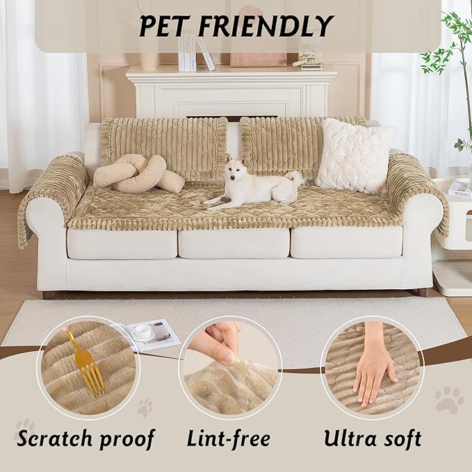 PuTian 100% Waterproof Fuzzy Couch Cover for Dogs Khaki 27.6"x82.7" | Pet Friendly Dog Mat for Couch, Waterproof Sofa Protector, Scratch Resistant Furniture Cover for Dogs, Machine Washable