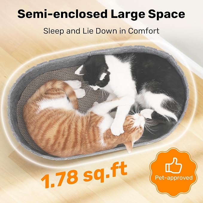 FUKUMARU Cat Scratcher, 24 Inch Sofa Shape Cat Scratching Bed Couch Indoor | Oval Felt Cat Scratcher Bed with Reversible Detachable Cat Scratching Boards, Round Cats Scratch Pads Refill, Dark Grey