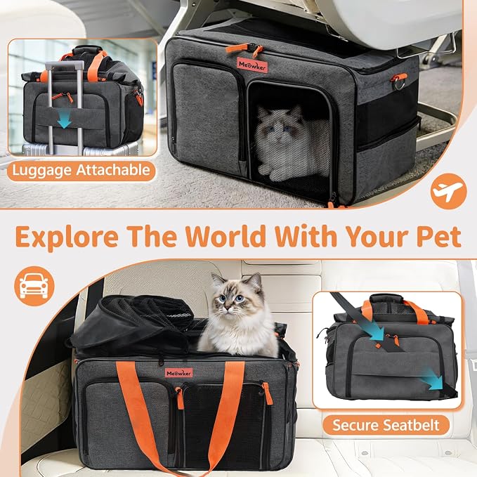 Cat Pet Dog Carrier Soft Sided Airline Approved, Large Foldable Travel Cat Bag for Kittens & Puppies Up to 15 Lbs, Top Loading Mesh, Expandable Breathable Comfort for Transport Scenarios