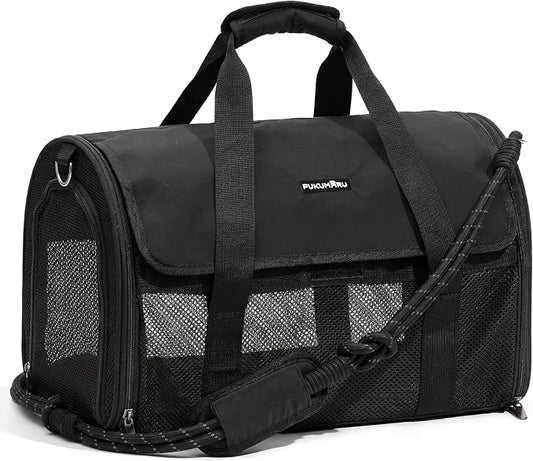 FUKUMARU Cat Carrier, Light & Airy Pet Carrier, 18x11x11 Airline Approved Dog Carrier for Small Dogs, 2-in-1 Shoulder Strap Leash, Collapsible Soft Cat Travel Carrier with Anti-Scratch Mesh, Black