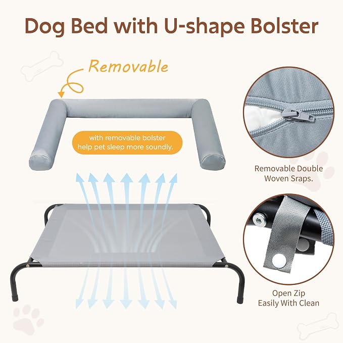 Cooling Elevated Dog Bed with Pillows,Portable Washable Raised Dog Cot with Chew Proof Mesh and Metal Frame,No-Slip Rubber Feet for Indoor & Outdoor Use,XLarge,Gray