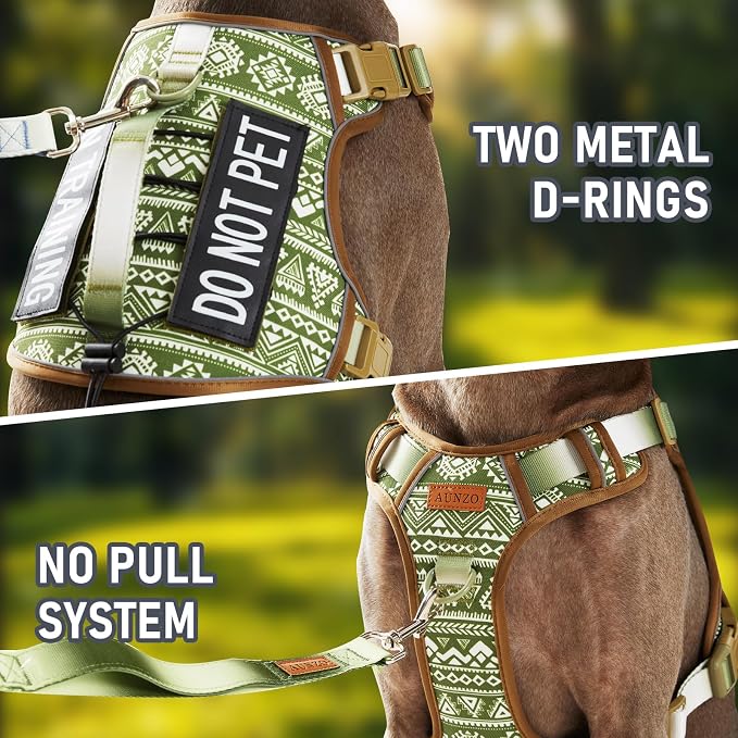 Heavy Duty No Pull Tactical Dog Harness for Large Dogs, Labrador Golden Retriever German Shepherd, Adjustable Soft Padded Dog Vest, Breathable Pet Oxford Vest with Easy Control Handle, Green Ethnic L