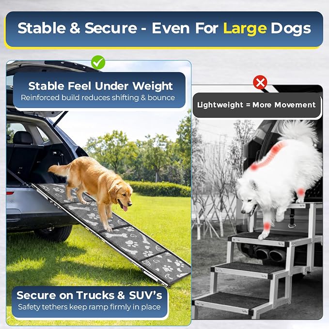 Heavy-Duty 22 lb Dog Ramp for Large Dogs, Car, SUV & Truck, 71" Long x 20" Wide, Built for Maximum Stability, Aluminum Pet Ramp with Side-Strap Stability System, 250 lb Capacity