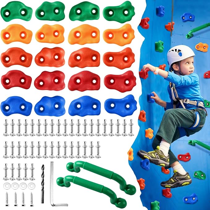 OSPNIEEK 20 PCS Rock Climbing Holds for Kids, Adult Rock Wall Climbing Kit | with Handles and Mounting Hardware, Multi-Colored Climbing Wall Grips for Indoor and Outdoor Playground Accessories Play Set