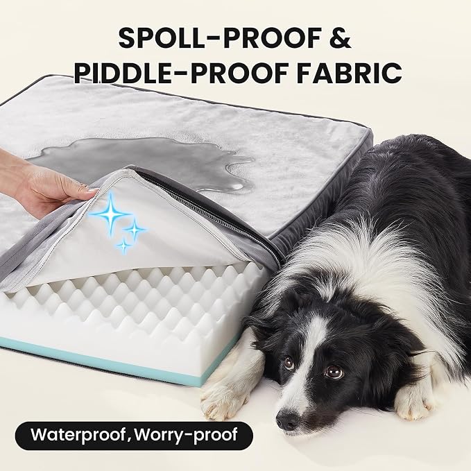 OhGeni Orthopedic Waterproof Dog Bed for Medium Large Dogs, Machine-Washable Removable Cover in Easy-Clean Fabric, Reversible Memory Foam & Easy-Carry Handle, Suitable for Crate, 35 inch (Gray)