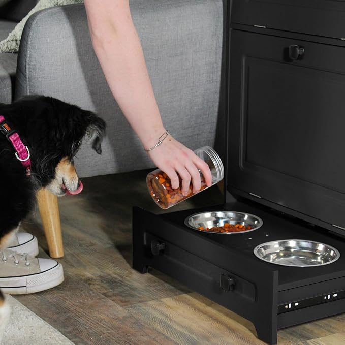 MiMu Raised Dog Bowl Stand with Food Storage Cabinet - Black Dog & Cat Feeder Station