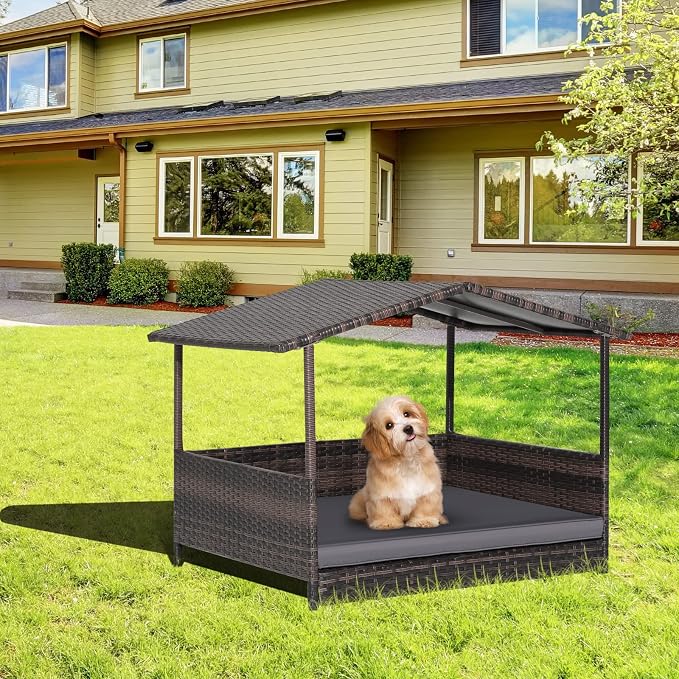 Tangkula Wicker Dog House, Indoor Outdoor Raised Rattan Dog Bed w/Removable Cushion, Washable Cover, Weatherproof Roof, Rattan Puppy Shelter w/Elevated Floor for Small Medium Dogs (Grey)
