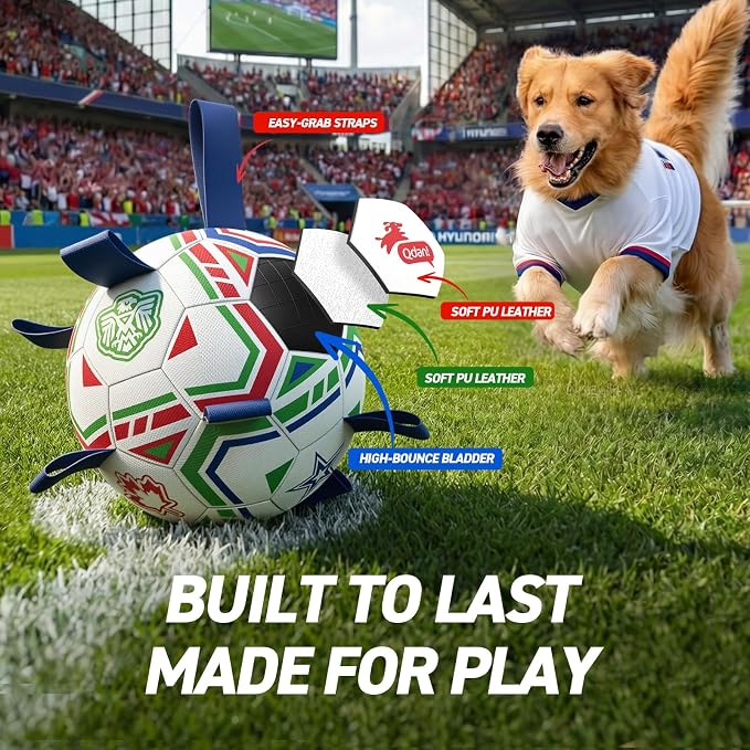 QDAN World Cup Soccer Ball for Dog, 8 Inch Dog Balls with Straps for Interactive, Tug and Training, Indoor Outdoor Toys for Medium & Large Dogs, 2026 Herding Ball