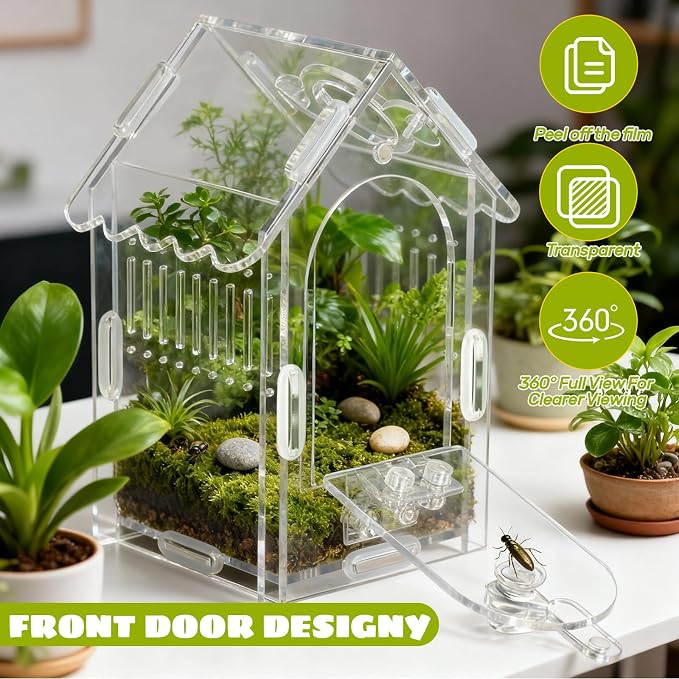 Jumping Spider Enclosure Acrylic Spider Cage Insect Terrarium Bug Enclosure Tarantula Enclosure Reptile Terrarium for Snail, Mantis, Lizard, and Small Reptiles - Small House Shape