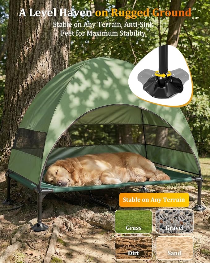 Elevated Outdoor Dog Bed with Canopy, Raised Dog Cot with Stable Adjustable Feet, Dog Camping Bed with Larger Shade, Lifted Dog Tent Bed with Canopy for Outside (Green, X-Large)