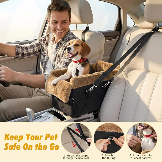 VavoPaw Center Console Dog Car Seat for Small Dogs&Cats Under 12 LBS | Puppy Car Seats with Non-Slip&Strong Support,Anti-Collapse Portable Pet Bed for Puppies with Soft Cushion Safety Belt,Brown