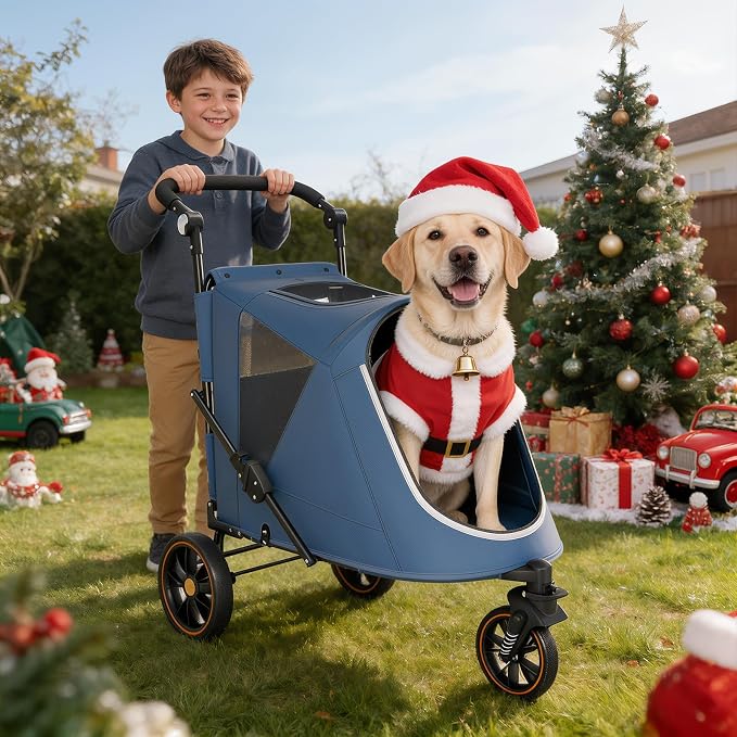MoNiBloom Pet Stroller for Large Dogs or Dogs Cats up to 55 lbs, Navy Blue | with Adjustable Handle, 3-Wheels Dual Entry Portable Dog Carting Easy Folding Pet Wagon Double Multiple Dog Stroller
