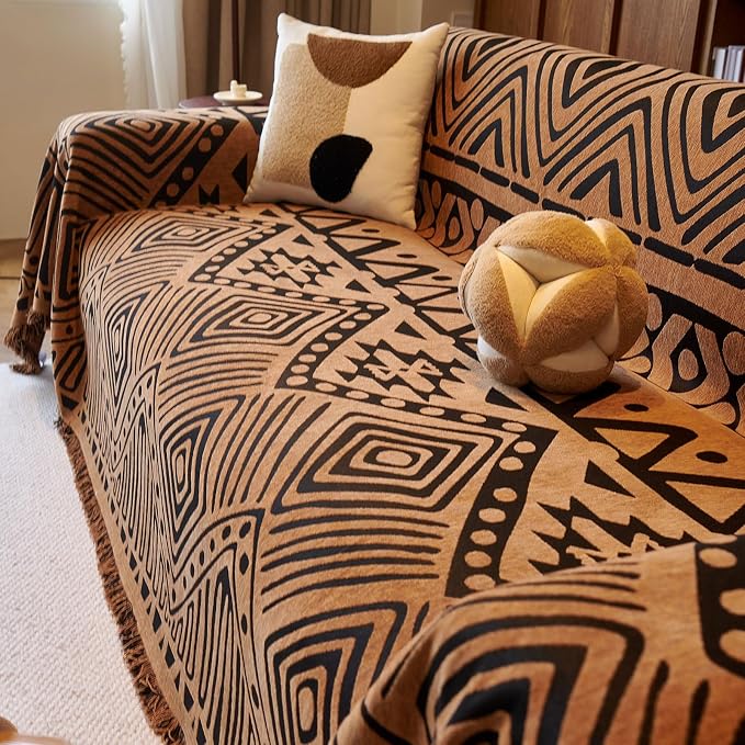 VClife Boho Couch Covers Washable Sofa Cover for Sofa, Luxury Sectional Couch Cover Chenille for 3 Cushion Couch, Anti Slip Pet Sofa Slipcover Dog Couch Cover Throw, Black Pumpkin Geometry, 71"x134"