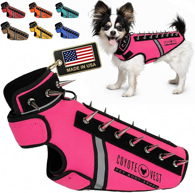 CoyoteVest SpikeVest Dog Harness, Made in the USA, XS-Neon Pink | Stab-Resistant Protective Vest | Coyote Vest for Dogs | Defends Against Coyotes, Dogs, Birds of Prey | Reflective Safety