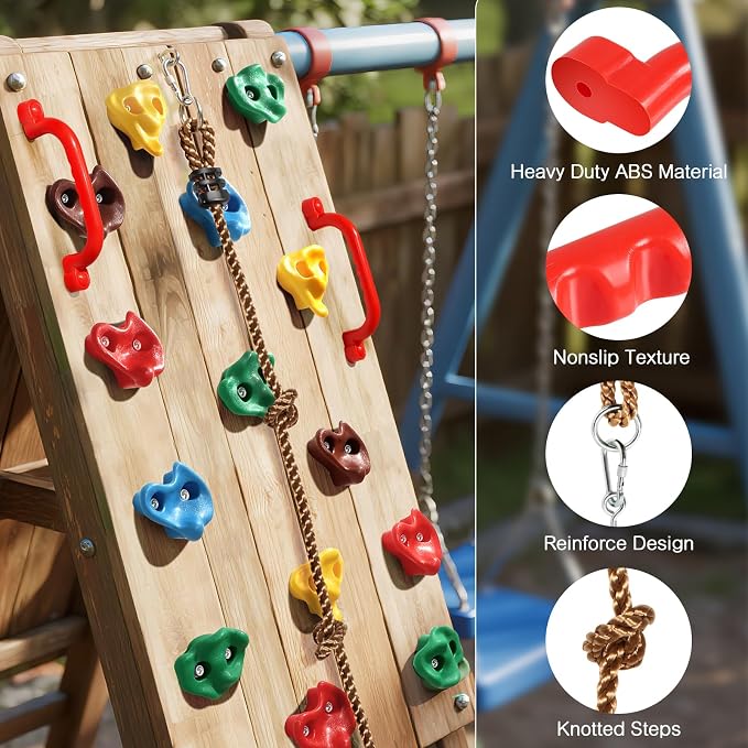 TOPNEW 20 PCS Rock Climbing Holds for Kids, Rock Wall Holds with 6.56 Ft Climbing Rope and 2 Handles, Rock Wall Climbing Kit for Indoor and Outdoor Playset - Includes Mounting Hardware