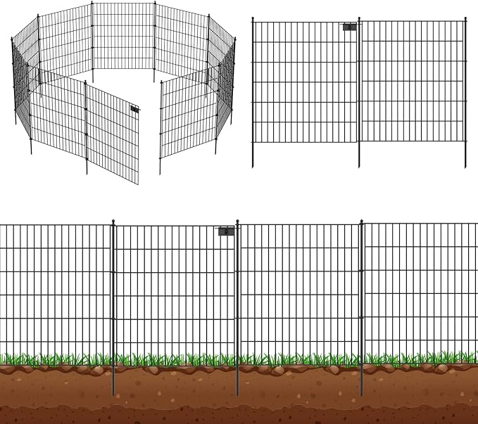 Toolterritary 5 Panels No Dig Garden Fence with Gate, 32 in(H) X12.1 ft(L) Metal Fence Panels, Thickened Rustproof Garden Fencing, Animal Barrier for Dogs, Rabbits, and Patio