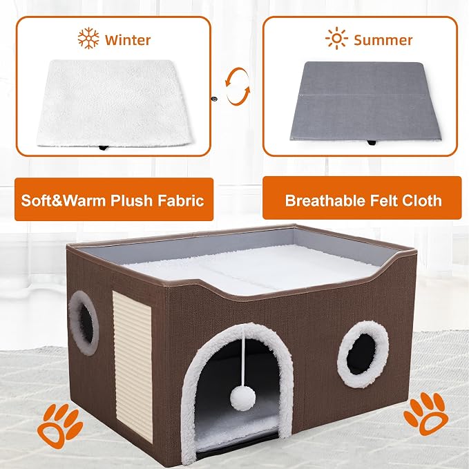 Loyareal Cat Houses for Indoor Cats - Large Cat Bed Cave with Scratch Pad and Fluffy Ball, Foldable Cat Condo Hideaway with Reversible Cushion for Multi Small Pet，Brown