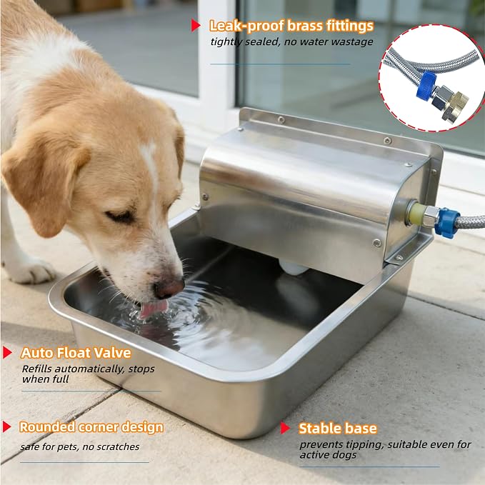 Stainless Steel Automatic Dog Water Dispenser,Adjustable Float Valve | 3 Gallons Indoor&Outdoor Dog Water Bowl Self-Filling Water Auto Fill for Dogs Livestock Chicken,Anti Tip, Wide Drinking Area