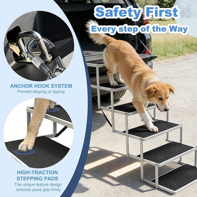 Dog Steps for Car & SUV – 6-Step Foldable Pet Stairs for Large Dogs, Non-Slip Heavy-Duty Plastic Dog Stairs, Lightweight & Portable Vehicle Access, Great Alternative to Dog Ramp for Truck