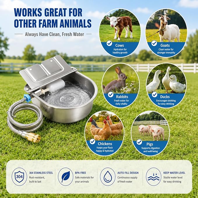 FHTONGE 304 Stainless Steel Automatic Dog Water Bowl Dispenser with Outfall | Float Valves Auto Fill, Wall-Mounted Dog Waterer for Outdoor Big Dog Livestock Poultry Horse Cow Goat Pig Chicken Duck Rabbit