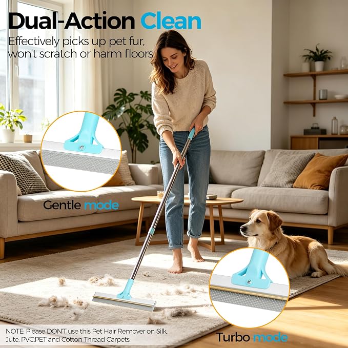 Carpet Rake for Pet Hair Removal Tool, 2 in 1 TPU and Copper Rake Teeth, Dual-Action Hair Remover with 54’’ Adjustable Long Handle, Reusable Cat & Dog Fur Broom for Carpets,Rugs, Mats,Car