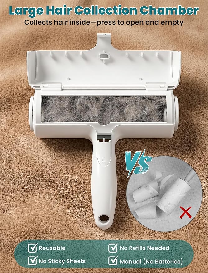 DELOMO Pet Hair Remover Roller: Reusable Lint Roller with Large Fur Bin - Portable Cat and Dog Hair Remover for Couch, Bedding, Car, Rugs & Furniture, Effective and Eco-Friendly, for Multi-Pet Homes