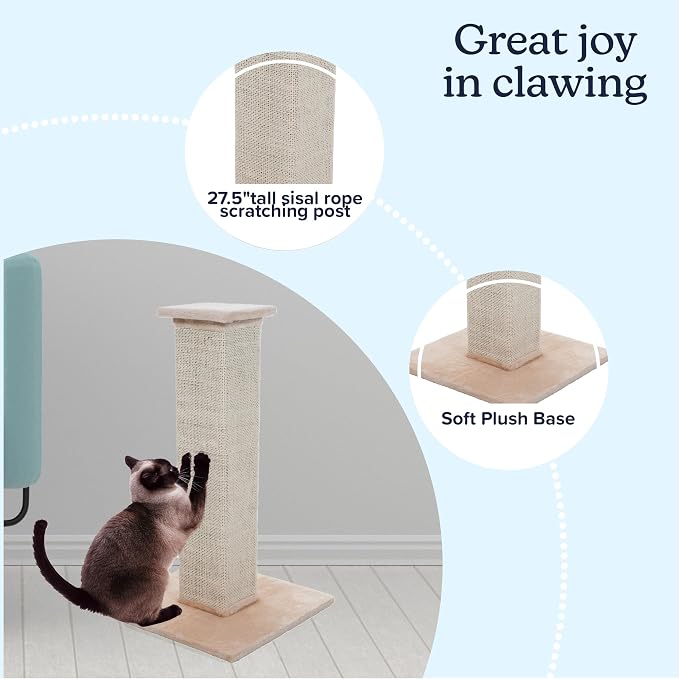 Cat Scratching Post with Carpeted Base - 27.75-Inch Sisal Burlap Fabric Scratcher - Furniture Scratching Deterrent for Indoor Cats by PETMAKER (Beige)