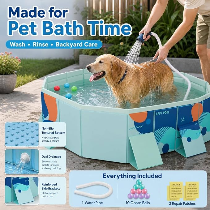 61" Foldable Dog Bath Pool, Non-Inflatable Hexagonal Pet Bath Tub for Medium to Large Dogs, Thickened PVC Collapsible Dog Pool with Drain Hole, Non-Slip Base, Portable Outdoor Wash Station
