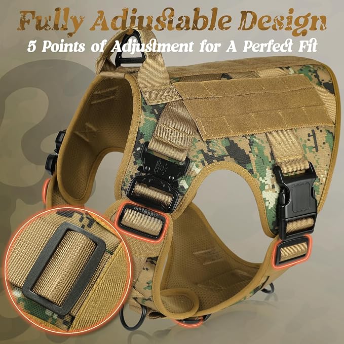 rabbitgoo Tactical Dog Harness for Large, Heavy Duty Military No Pull Vest | Sturdy Metal Buckles, 5 Adjustments, Molle System, Powerful Pullers for Training, Hunting, Outdoor, Brown Camo, Large