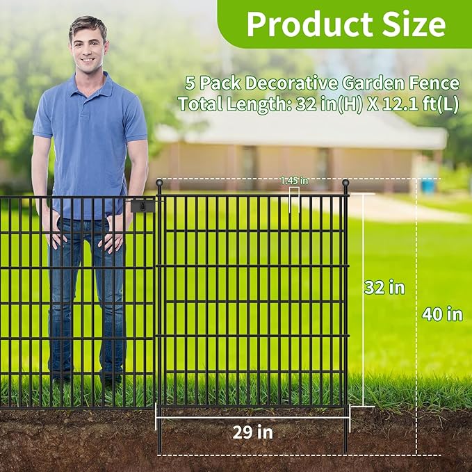 Toolterritary 5 Panels No Dig Garden Fence with Gate, 32 in(H) X12.1 ft(L) Metal Fence Panels, Thickened Rustproof Garden Fencing, Animal Barrier for Dogs, Rabbits, and Patio