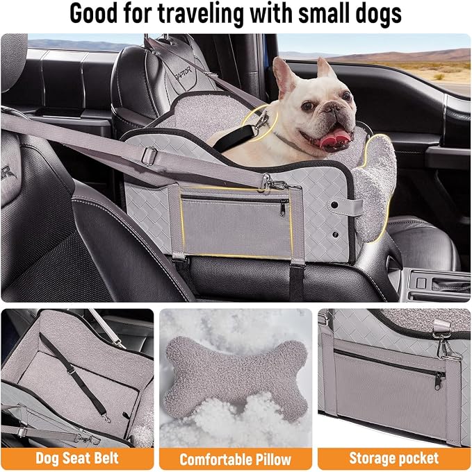 TKYZ Center Console Dog Car Seat for Small Dogs,Fit for Full Size Truck | Soft Pillow,Double fixation,PU Leather Easy To Clean,Pet Booster with Safety Belt,Puppy Car Seat for Small Dogs 0-30 lbs
