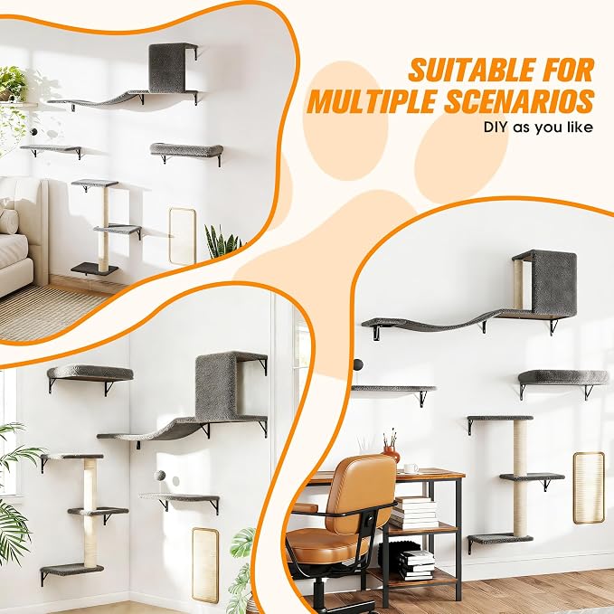 5 Pcs Wooden Indoor Cat Climber - Wall-Mounted Shelves, Perches, Scratching Board, Cat Ladder & Cat Tree - Grey
