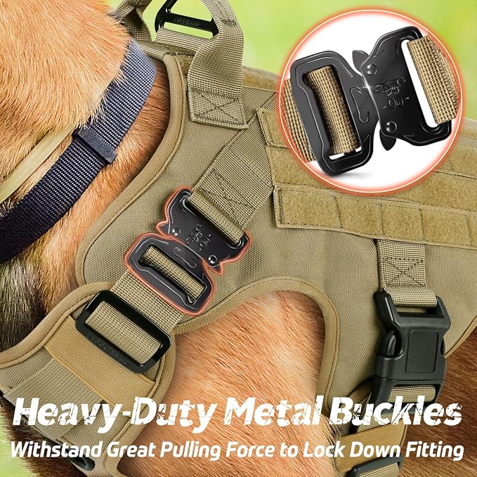 rabbitgoo Tactical Dog Harness for Large, Heavy Duty Military No Pull Vest | Sturdy Metal Buckles, 5 Adjustments, Molle System, Powerful Pullers for Training, Hunting, Outdoor, Brown, Large