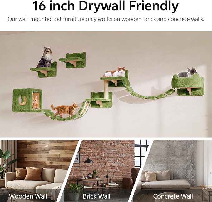 9-in-1 Cat Wall Shelves, Cat Wall Furniture Set with Bridge, Green | Wall Mounted Cats Shelf for Space-Saving, Multi-Level Cat Climbing Systems for 16 Inch Drywall, with Scratching Posts, Condos