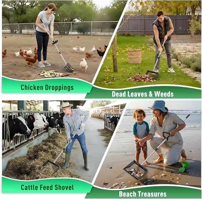 TOOGE Large Chicken Poop Scooper: 2-in-1 Metal Pooper Scooper & Rake Adjustable 62" Long Handle Stainless Steel Sand Sifting Litter Shovel Chicken Coop Scoop Cleaning for Bedding Goats Bright Black