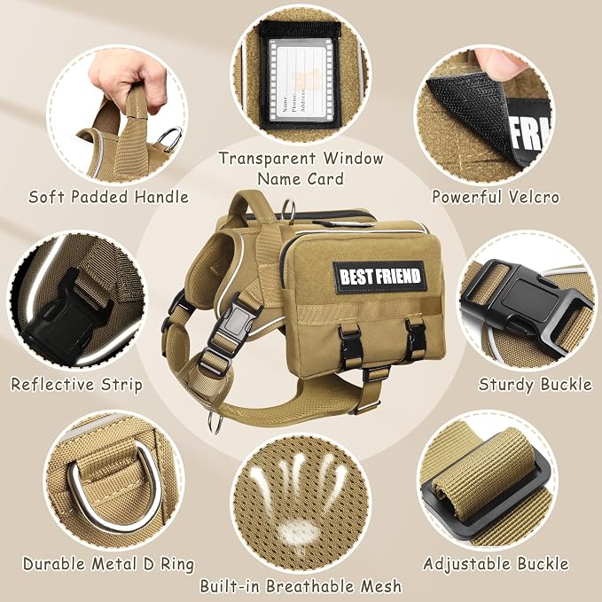 Dog Backpack Harness and Leash Set for Large Dogs Brown XL | Removable Side Pockets Dog Vest with Padded Handle&MOLLE,No Pull Front&Back Metal Clips for Hiking Training Walking Hunting