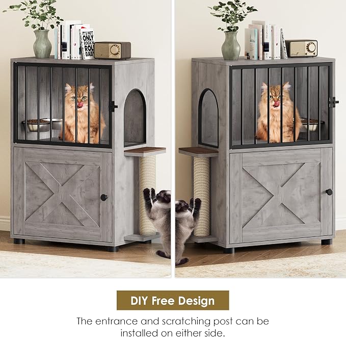 Dog Proof Cat Feeding Station, Dog Proof Cat Feeder, Cat Food Table, Gray | Cat Feeding Station with Scratching Post, Elevated Cat Food Bowls with Stand, Pet Food Storage Cabinet, Cat House