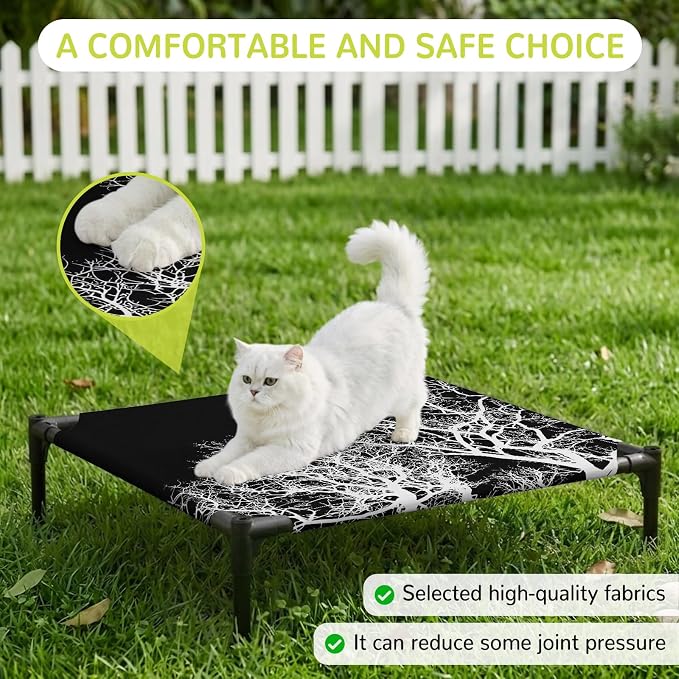 Outdoor Elevated Dog Bed for Small Dogs, Modern Tree Branches Breathable Cooling Raised Dog Cot for Indoor/Outdoor, Contemporary Black Botanical Waterproof Elevated Pet Beds, S 20 x 20 in